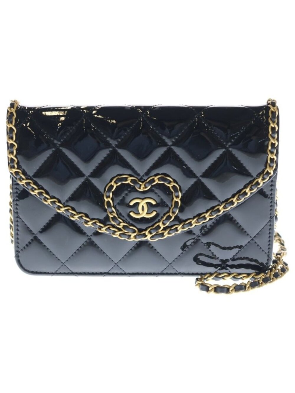 Chanel Quilted Patent Heart Chain Mini Shoulder Bag Black Gold